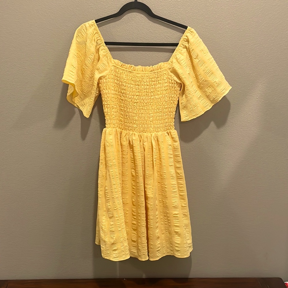 Leela and lavender, yellow off the shoulder sun dress; small